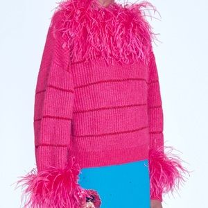 Italian Wool Knitwear Sweater With Fuchsia Ostrich Feathers